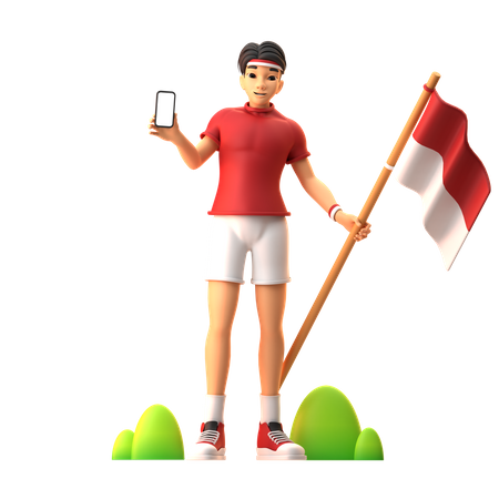 Niño sosteniendo la bandera mientras muestra el móvil  3D Illustration
