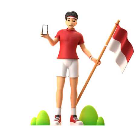 Niño sosteniendo la bandera mientras muestra el móvil  3D Illustration
