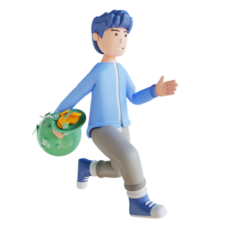 Niño sosteniendo bolsa de dinero  3D Illustration