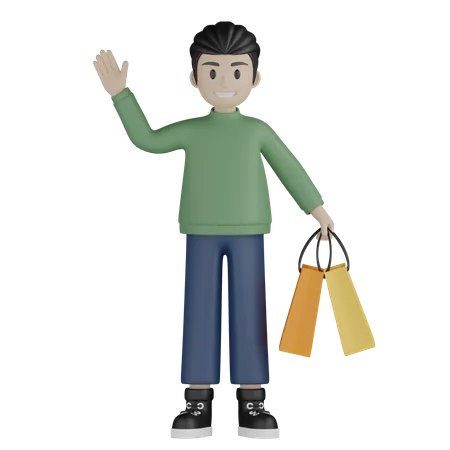 Niño sosteniendo bolsas de compras y saludando  3D Illustration