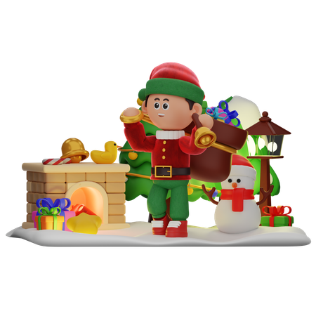 Niño sosteniendo campana con saco de regalos  3D Icon
