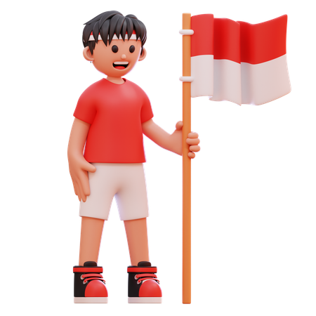 Niño sosteniendo el asta de la bandera de Indonesia  3D Illustration