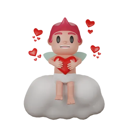 Niño sosteniendo el corazón mientras está sentado en la nube  3D Illustration