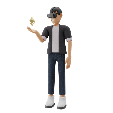 Niño sosteniendo Ethereum usando tecnología VR  3D Illustration