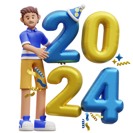 Niño sosteniendo globos de año nuevo  3D Illustration