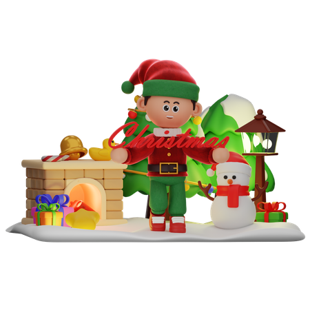 Niño sosteniendo un gran texto navideño  3D Illustration