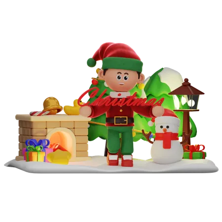 Niño sosteniendo un gran texto navideño  3D Illustration