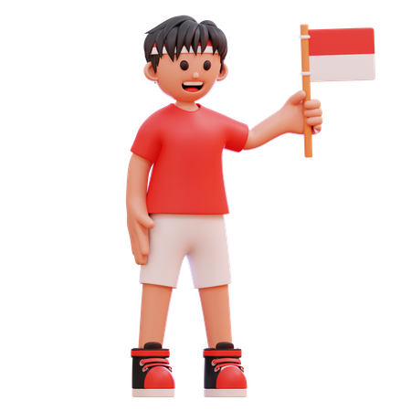 Niño sosteniendo la bandera de Indonesia para el día de la independencia  3D Illustration