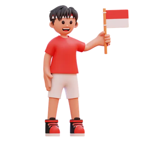 Niño sosteniendo la bandera de Indonesia para el día de la independencia  3D Illustration