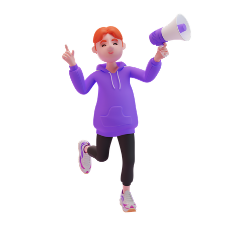 Niño sosteniendo megáfono y sintiéndose feliz  3D Illustration