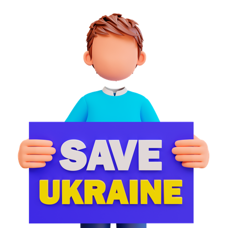 Niño sosteniendo el cartel de salvar a Ucrania  3D Illustration