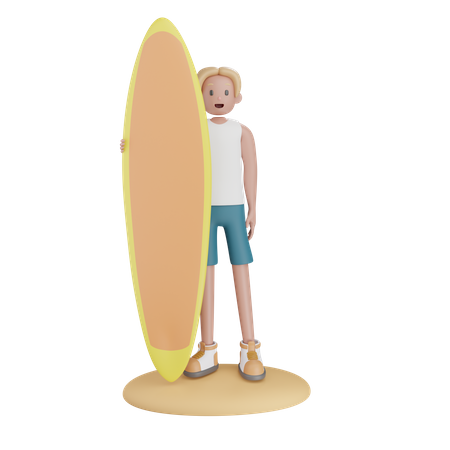 Niño sosteniendo tabla de surf  3D Illustration