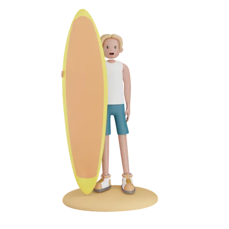 Niño sosteniendo tabla de surf  3D Illustration