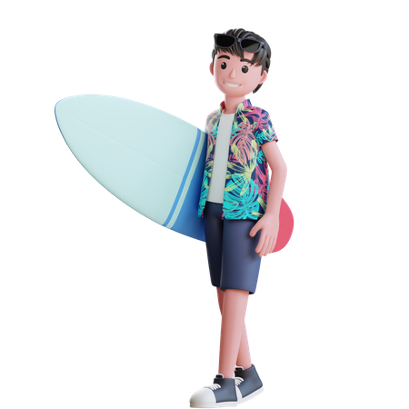 Niño sosteniendo tabla de surf  3D Illustration