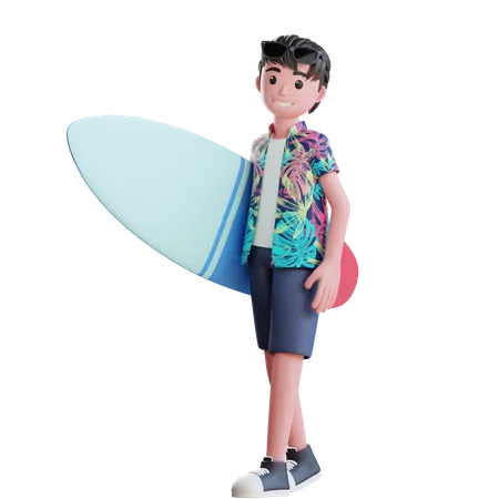 Niño sosteniendo tabla de surf  3D Illustration