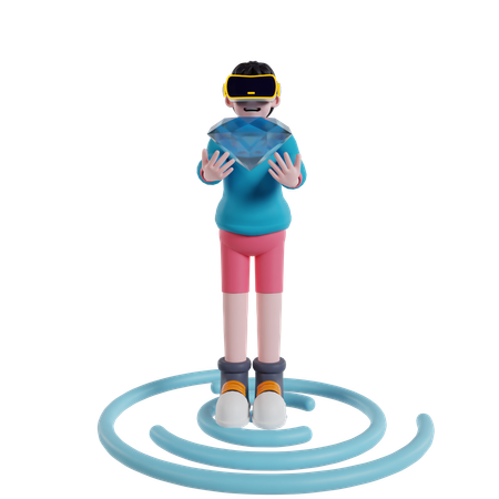 Niño sosteniendo diamantes en el mundo virtual usando tecnología VR  3D Illustration