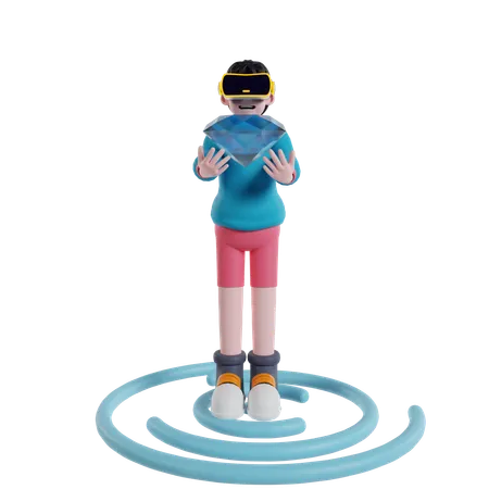 Niño sosteniendo diamantes en el mundo virtual usando tecnología VR  3D Illustration