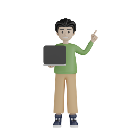 Niño sosteniendo una computadora portátil y apuntando hacia arriba  3D Illustration
