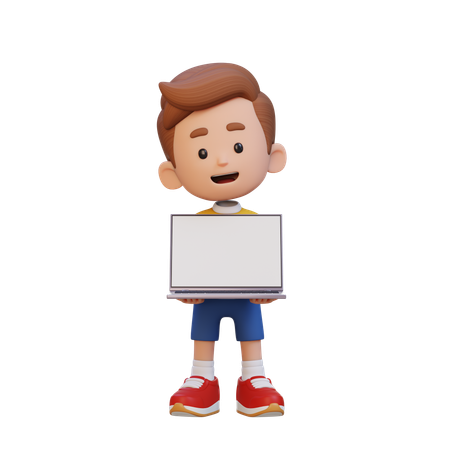Niño sosteniendo y presentando una computadora portátil con pantalla vacía  3D Icon