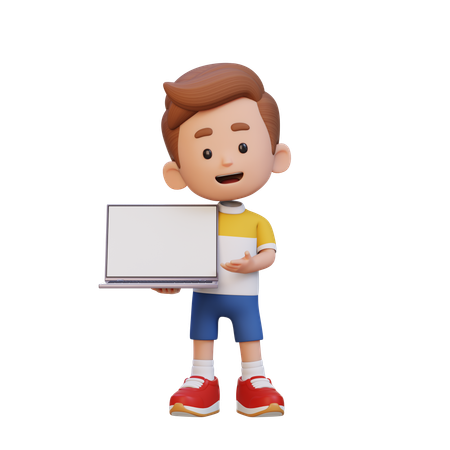Niño sosteniendo y presentando una computadora portátil con pantalla vacía  3D Icon