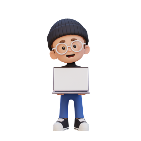 Niño sosteniendo y presentando una computadora portátil con pantalla vacía  3D Icon