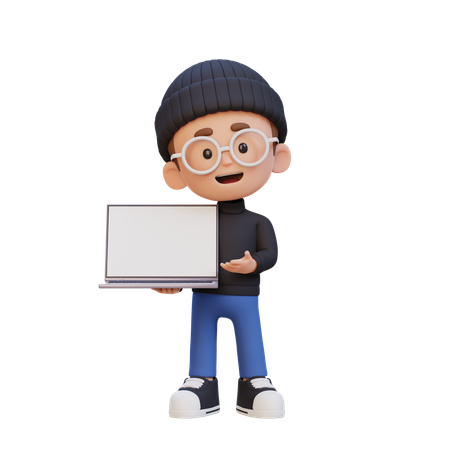 Niño sosteniendo y presentando una computadora portátil con pantalla vacía  3D Icon
