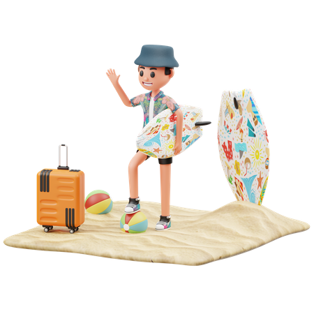 Niño sostiene tabla de surf y saluda  3D Illustration