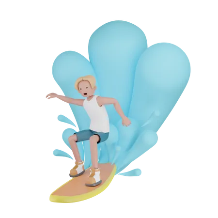 Chico surfeando sobre olas de agua  3D Illustration