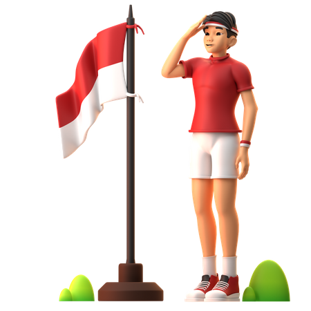 Niño teniendo respeto por la bandera de Indonesia  3D Illustration