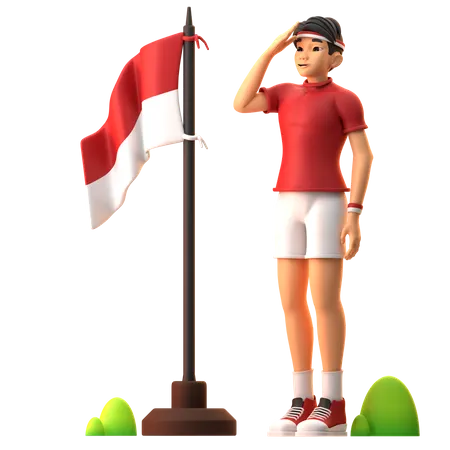 Niño teniendo respeto por la bandera de Indonesia  3D Illustration