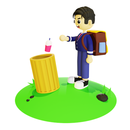 Niño tirando basura en el contenedor  3D Illustration
