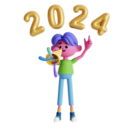 Niño tocando la trompeta en la fiesta de año nuevo  3D Illustration