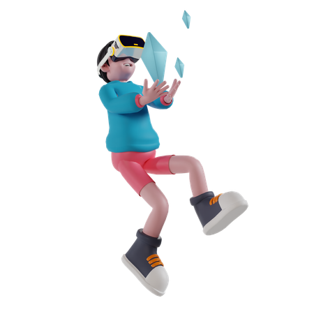 Niño trabajando en cripto usando tecnología VR  3D Illustration