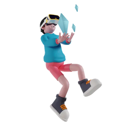 Niño trabajando en cripto usando tecnología VR  3D Illustration
