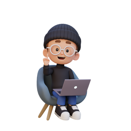Niño trabajando en una computadora portátil mientras señala hacia arriba  3D Icon