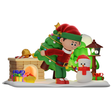 Niño trae árbol de Navidad  3D Illustration