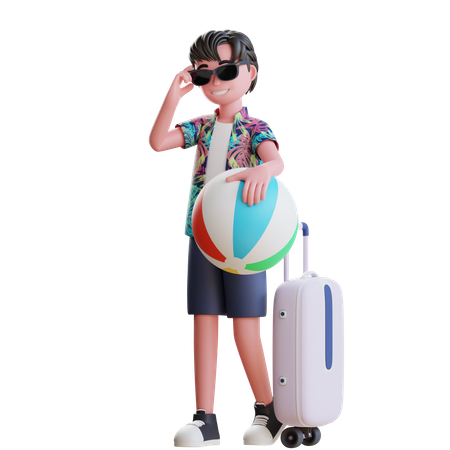 Niño viaja en la playa con pelota de playa  3D Illustration