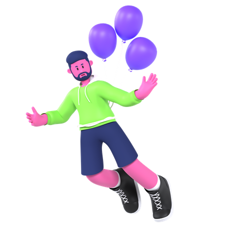 Niño volando con globos  3D Illustration