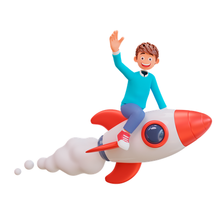 Niño volando en un cohete  3D Illustration