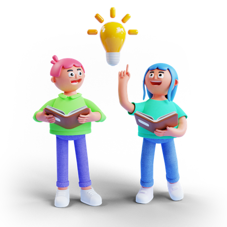 Niño y niña llevando un libro con una lámpara de idea ligera  3D Illustration