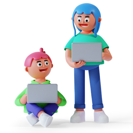 Niño y niña llevando una computadora portátil para estudiar en línea  3D Illustration