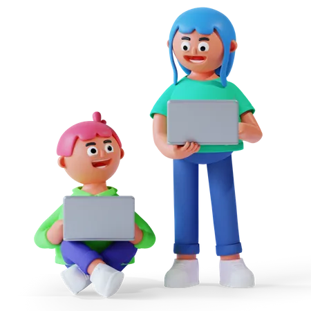 Niño y niña llevando una computadora portátil para estudiar en línea  3D Illustration