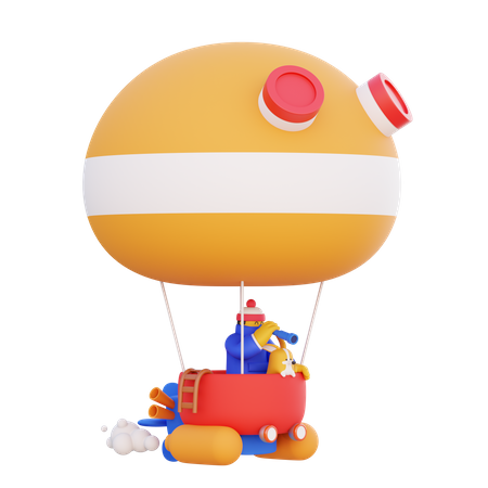 Niño yendo de vacaciones en globo aerostático  3D Illustration