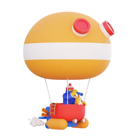 Niño yendo de vacaciones en globo aerostático  3D Illustration