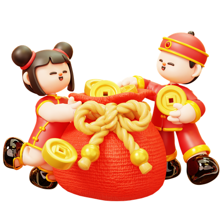Niños chinos con bolsa de monedas  3D Icon