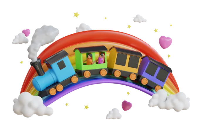 Ilustracion 3 D De Ninos En Un Tren De Juguete Tren De Juguete Imagen 3 D De Una Colorida Locomotora Vagones Y Ferrocarril 3D Illustration
