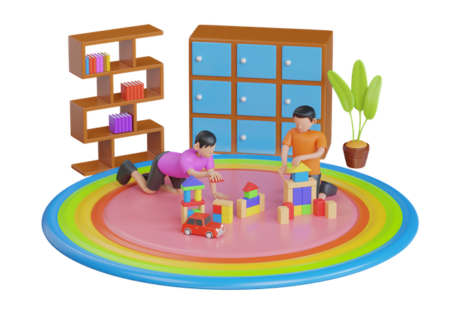 Niños jugando con bloques de juguete de colores  3D Illustration