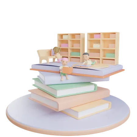 Niños leyendo en la biblioteca  3D Illustration