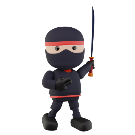 Niños ninja sosteniendo espada  3D Illustration