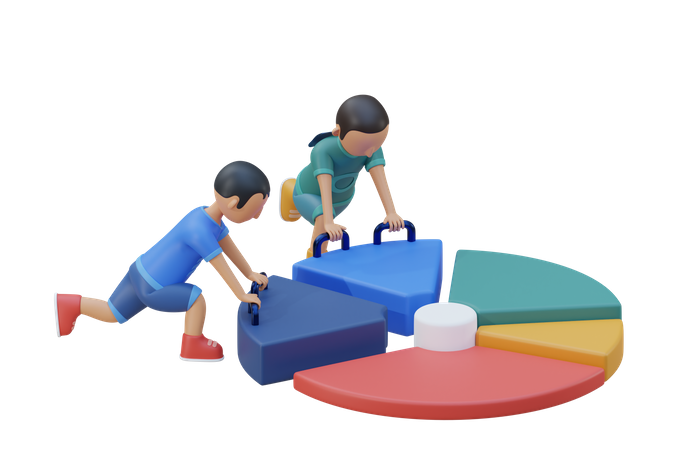 Niños pequeños jugando con juguetes de gráfico circular  3D Illustration